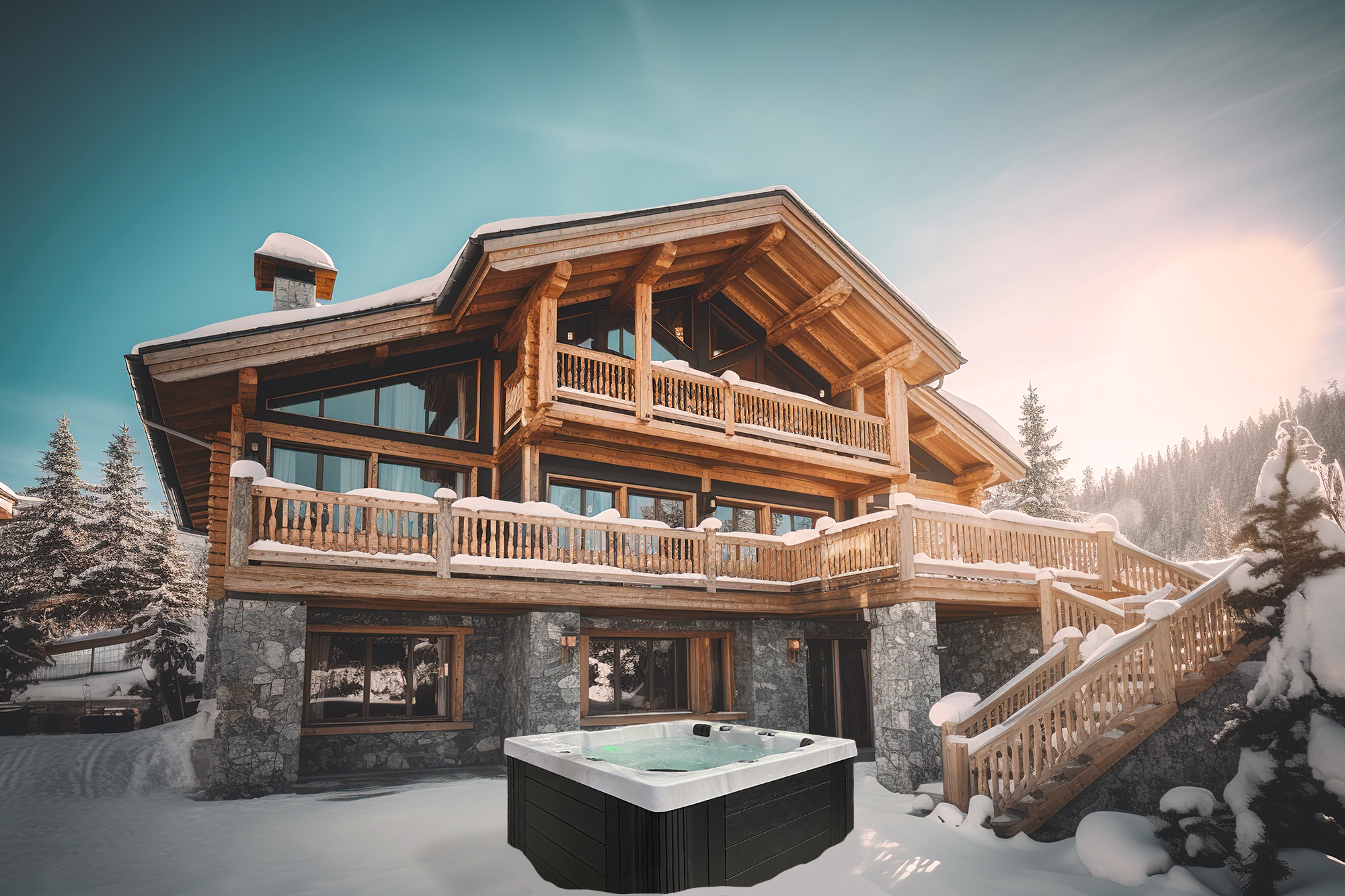 Chalet in alps with mountains in background and snow